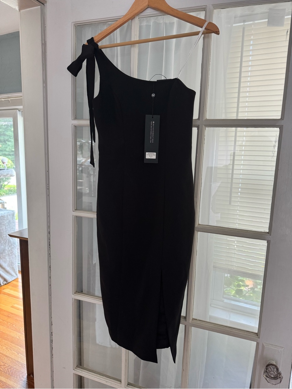White Fox Boutique Black One-Shoulder Midi Dress with Bow Strap